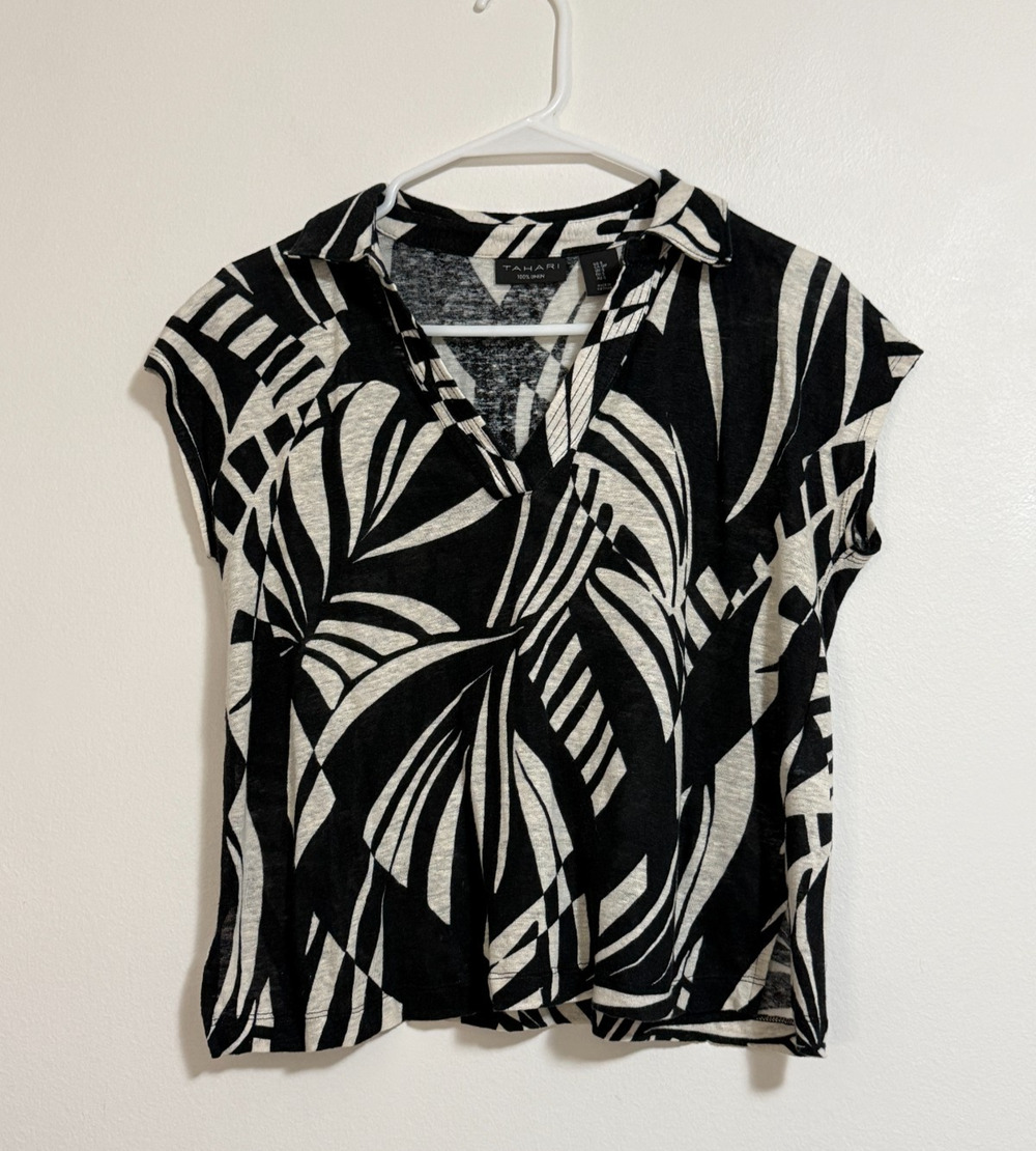 Tahari 100% Linen Popover Tee Size Small Short Sleeve Collared Women's Shirt